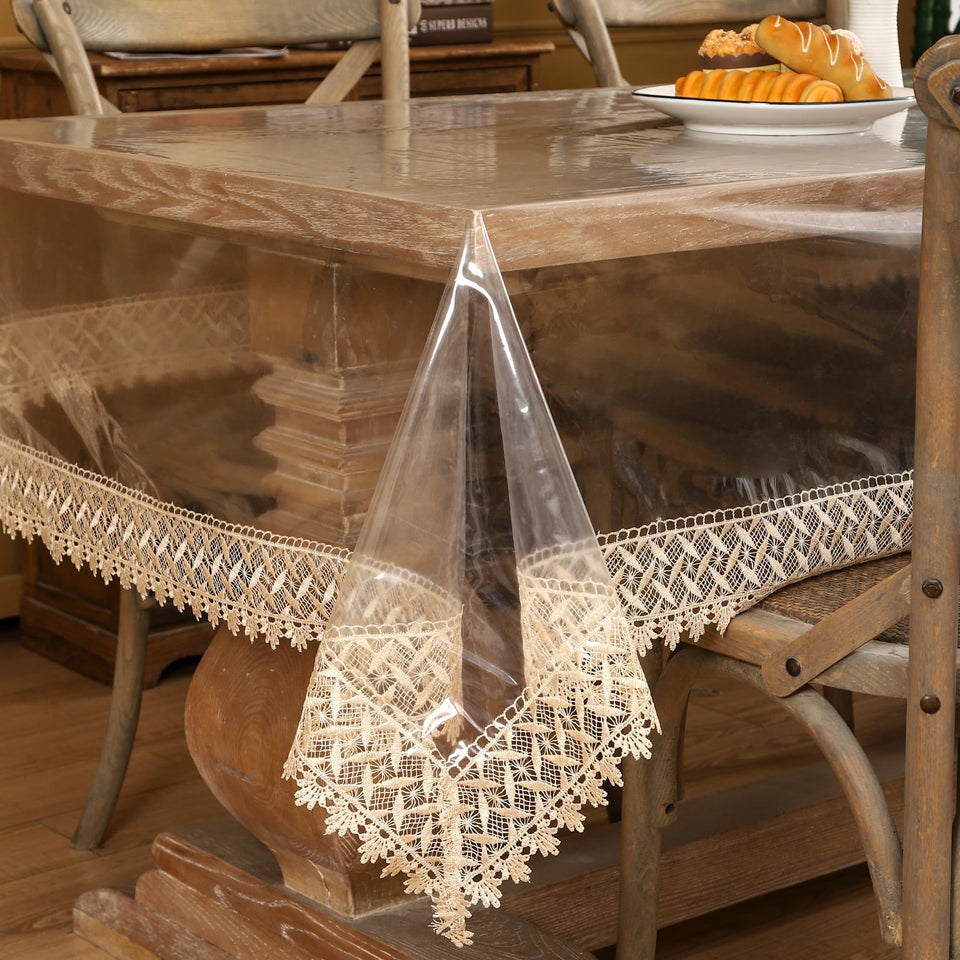 Walrus clear tablecloth with edge lace protects surfaces while adding elegance.