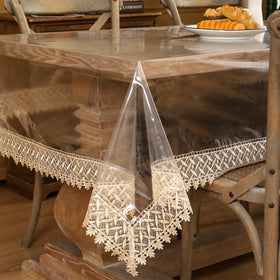 Walrus clear vinyl tablecloth protector with lace edge keeps surfaces clean and stylish.