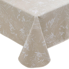 Walrus heavy-duty tablecloth in beige leaf protects surfaces during family meals.