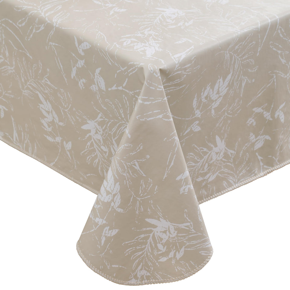 Walrus heavy-duty vinyl tablecloth with beige leaf pattern protects surfaces during meals.