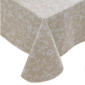Walrus heavy-duty vinyl tablecloth with flannel backing in beige floral, durable protection for dining.