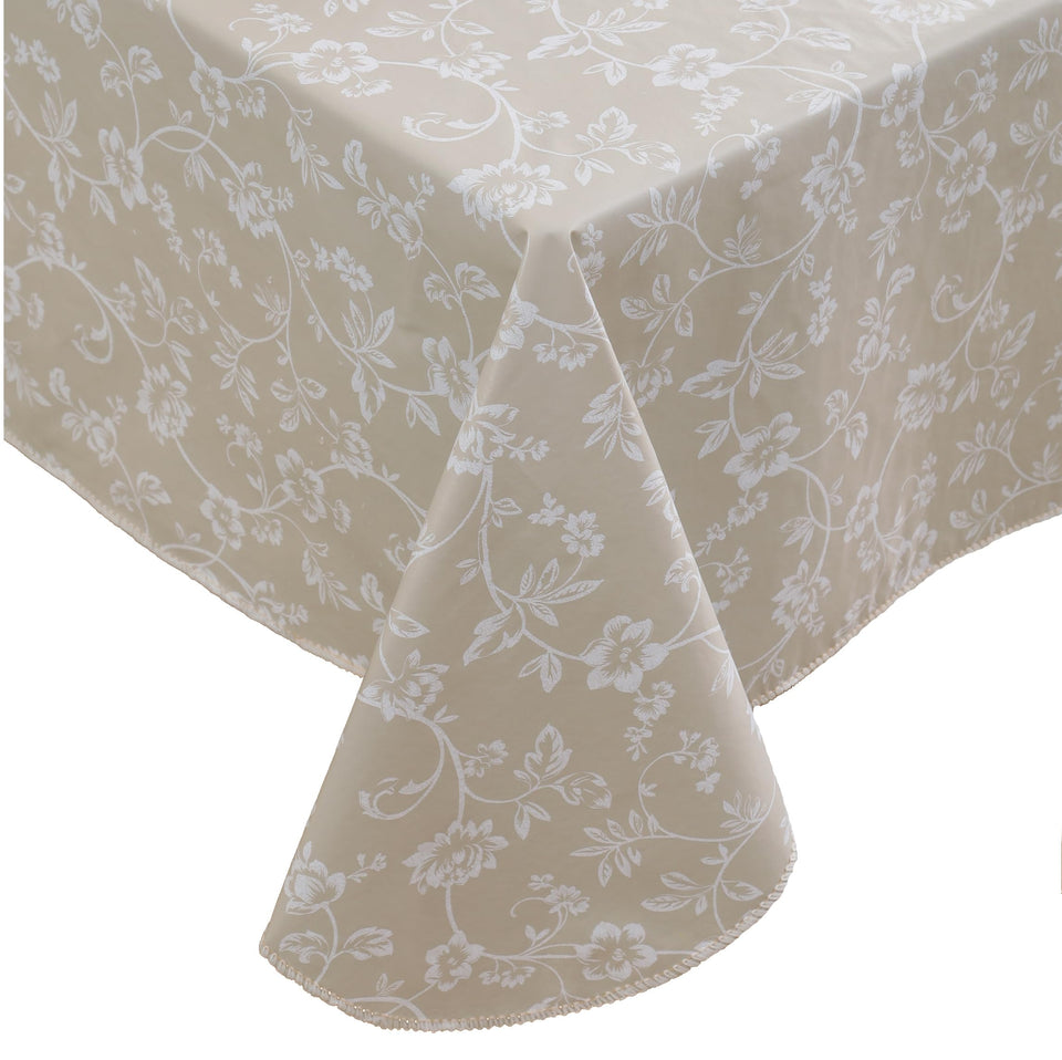 Walrus heavy-duty vinyl tablecloth with flannel backing in beige floral for sturdy protection.