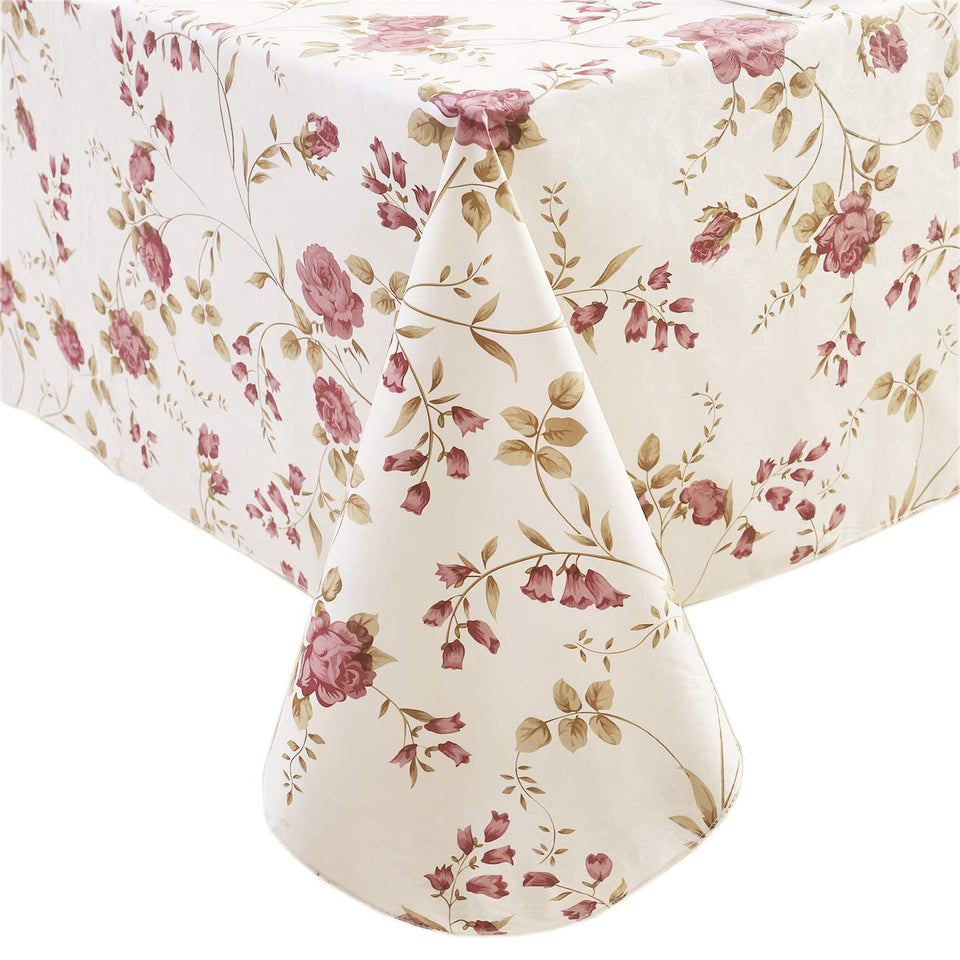 Walrus heavy-duty vinyl tablecloth with flowers pattern protects surfaces and elevates any dining setup.