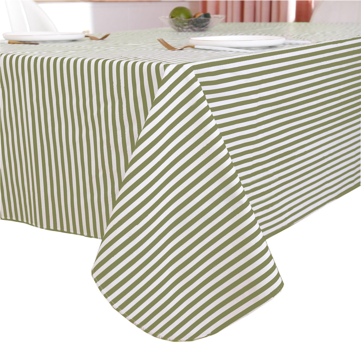 Walrus vinyl tablecloth stripe design protects surfaces during meals and gatherings.