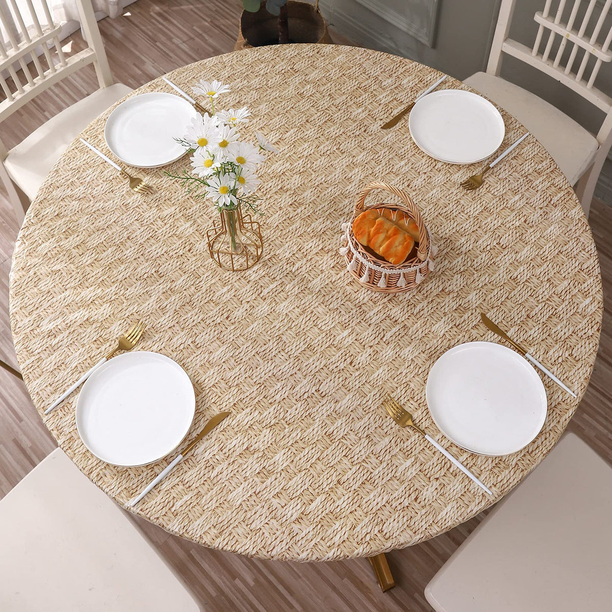 Walrus round vinyl tablecloth with elastic edge protects from spills and slips