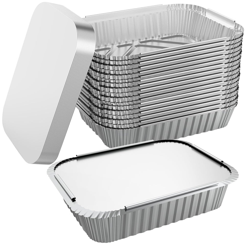 WANBAO 50-pack foil pans with lids for takeout and catering efficiency.