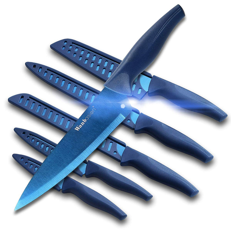 Wanbasion blue pro knife set blade closeup showing sharp edge for precise chopping.
