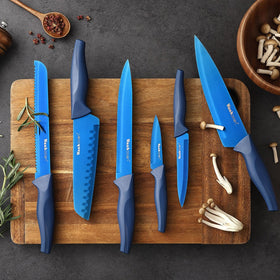 Wanbasion blue pro knife set handle detail highlighting balanced grip.