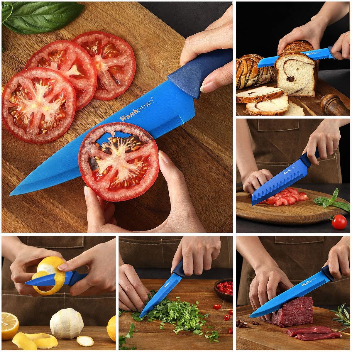 Wanbasion stainless steel knife set with sheath shows dishwasher-safe convenience and blade protection.