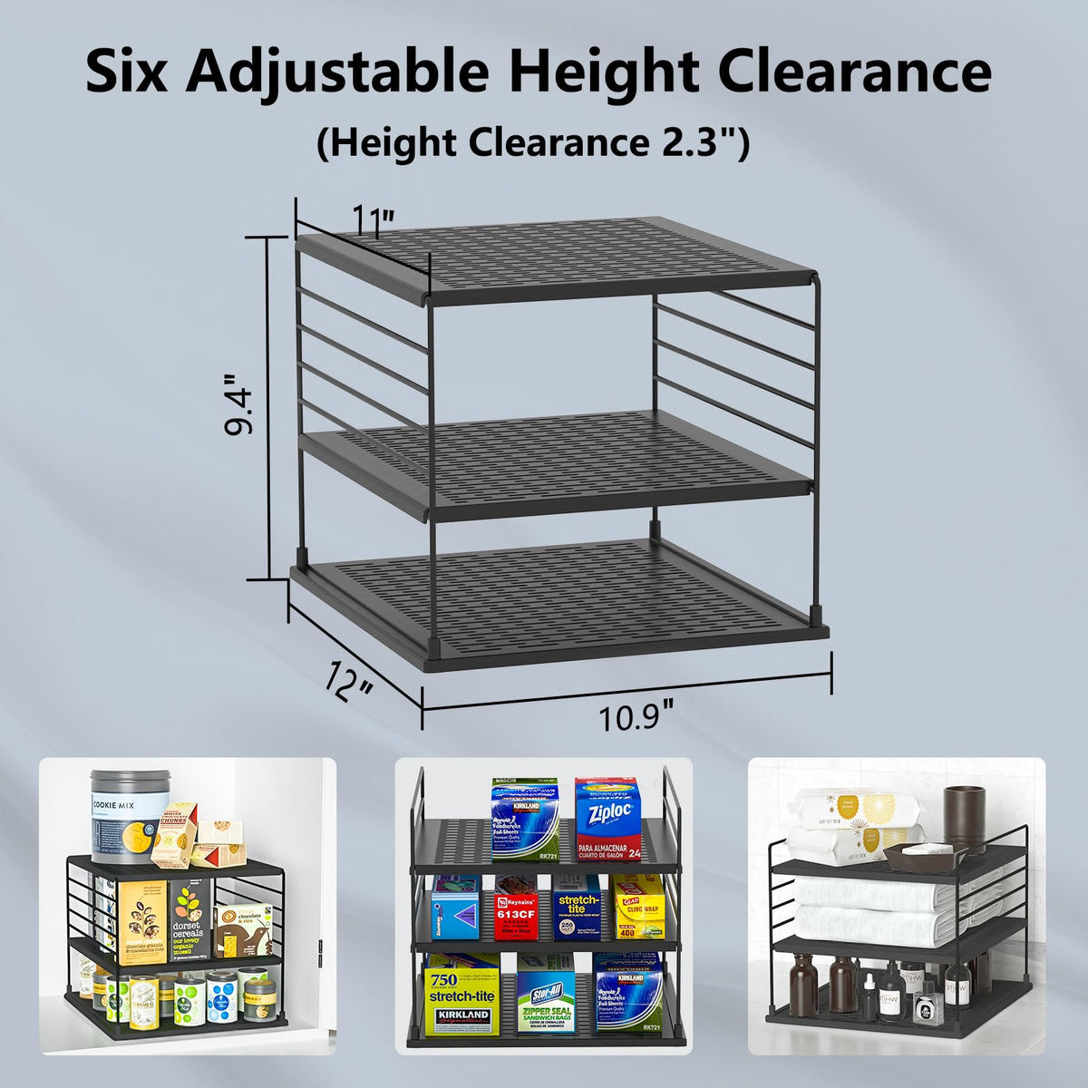 WANCHIY cabinet organizers with adjustable height for different wrap and bag sizes.