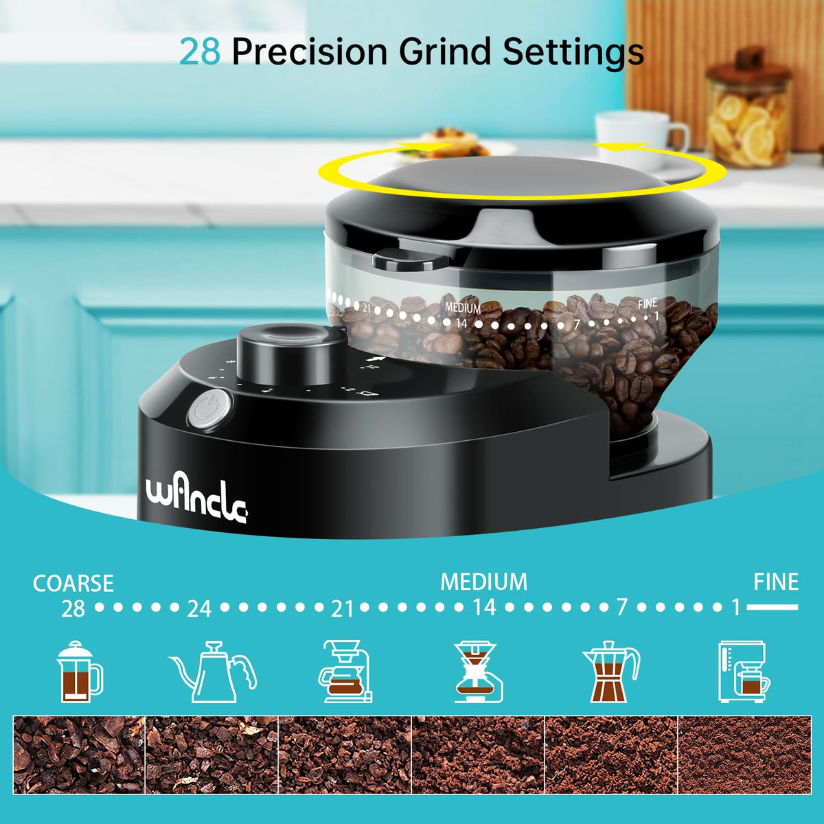 Wancle burr grinder dial settings display 28 levels for precise flavor.