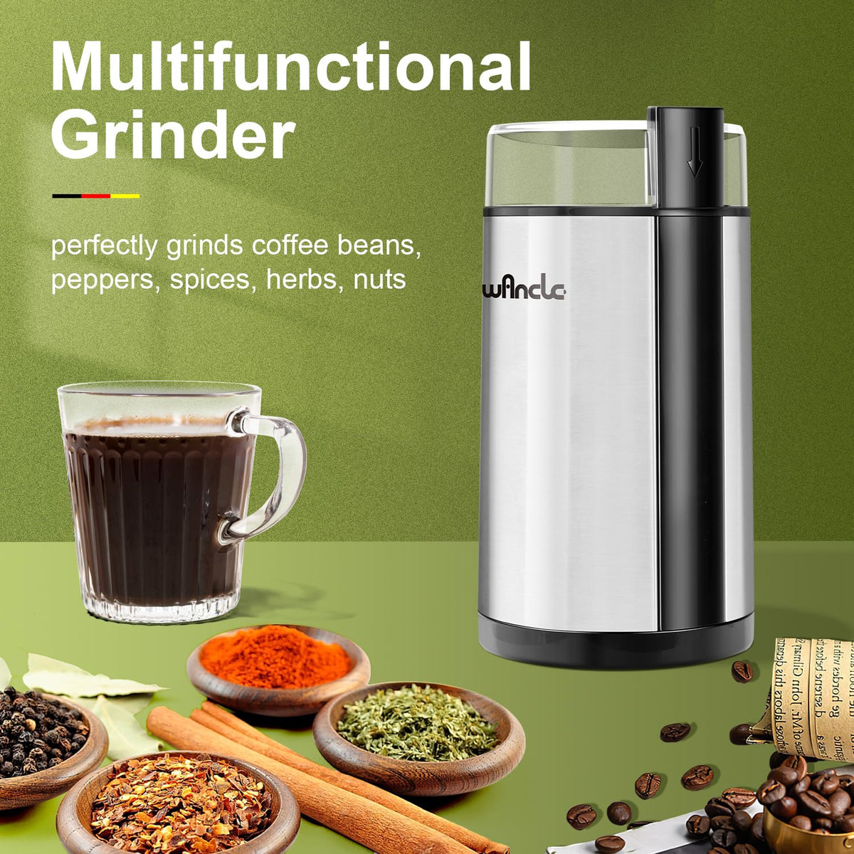 Wancle grinder lid view highlighting one-touch operation for quick coffee or spice grinding.