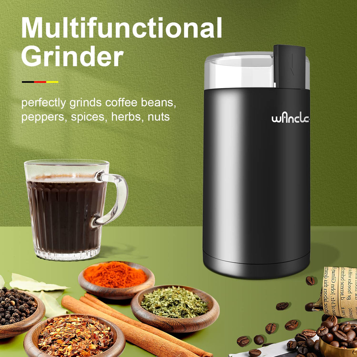 Wancle coffee grinder showing stainless steel blade for consistent grounds