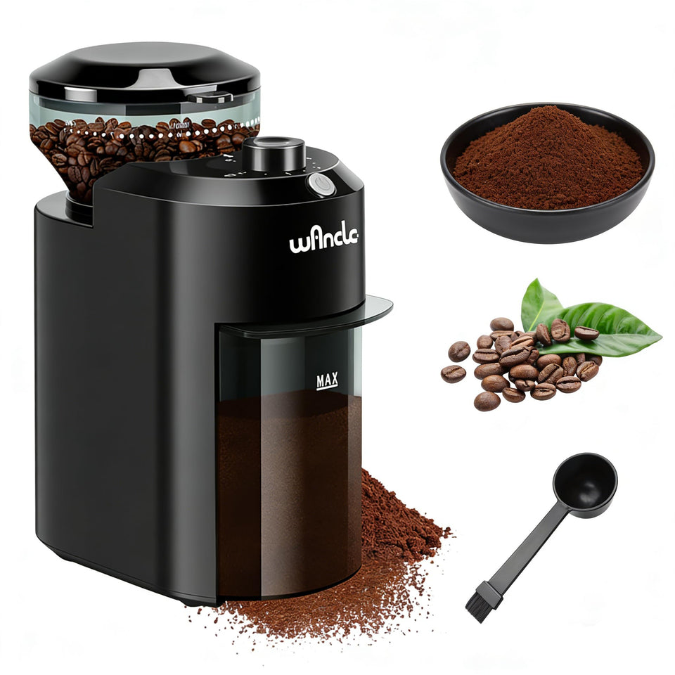 Wancle electric burr grinder front view showing compact design and ease of use.