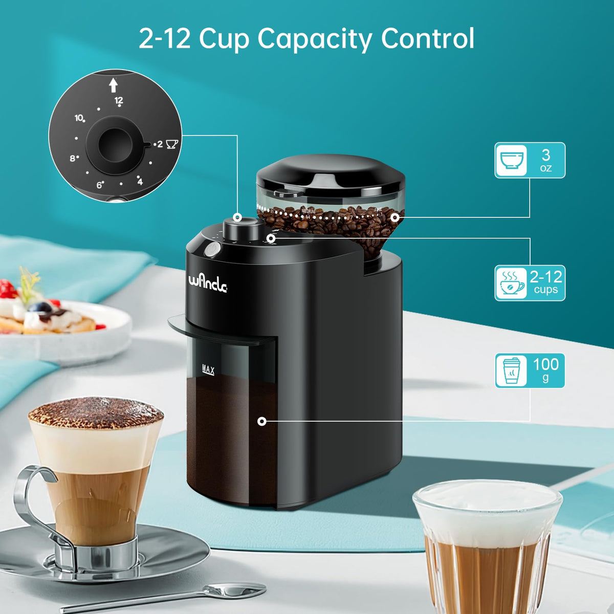 Wancle grinder with 2–12 cups control for custom batch sizes.