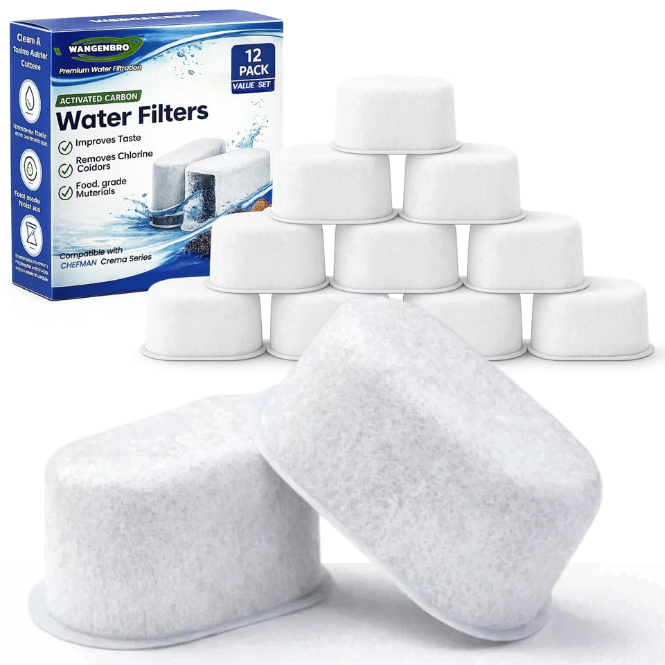 Wangenbro 12-pack charcoal water filters packaged for Chefman compatibility, with improved flavor.