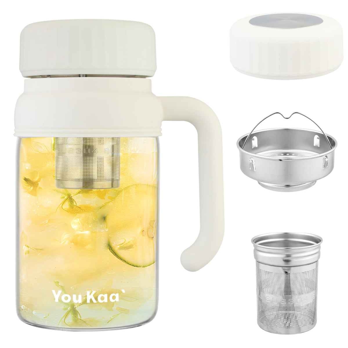 Wangsdjy 32oz glass bottle with infuser showing clear infusion for hot or cold drinks.