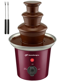 WangshengLe 3-tier mini chocolate fountain with burgundy base enhances elegant parties.