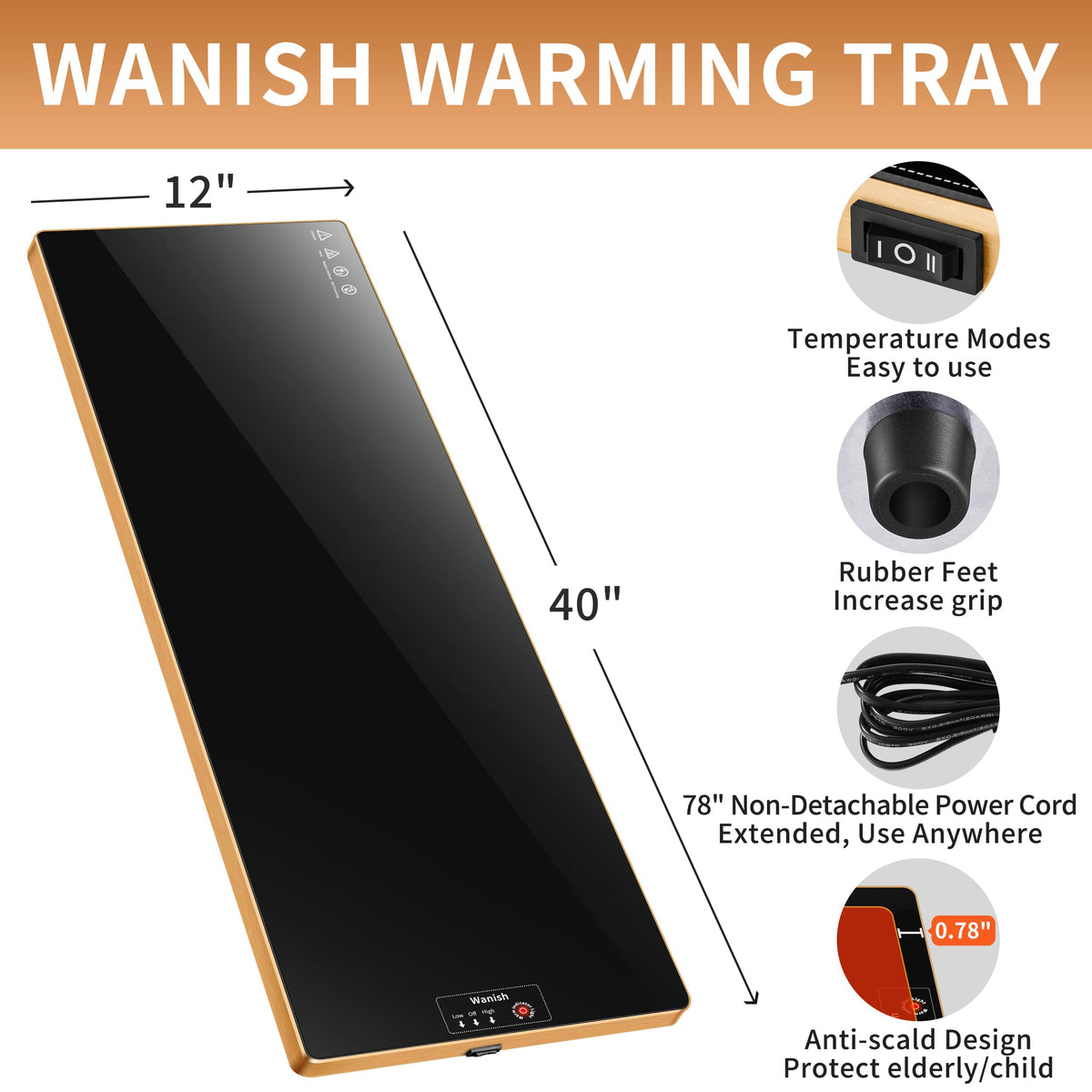 Wanish warming tray 40x12 side view highlights slim profile for easy buffet setup.