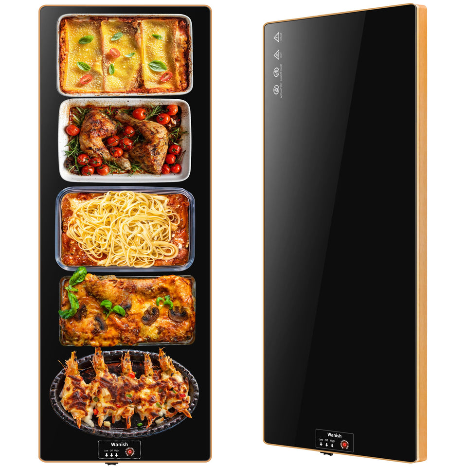 Wanish electric warming tray 40x12 top view shows spacious heat surface for multiple dishes.