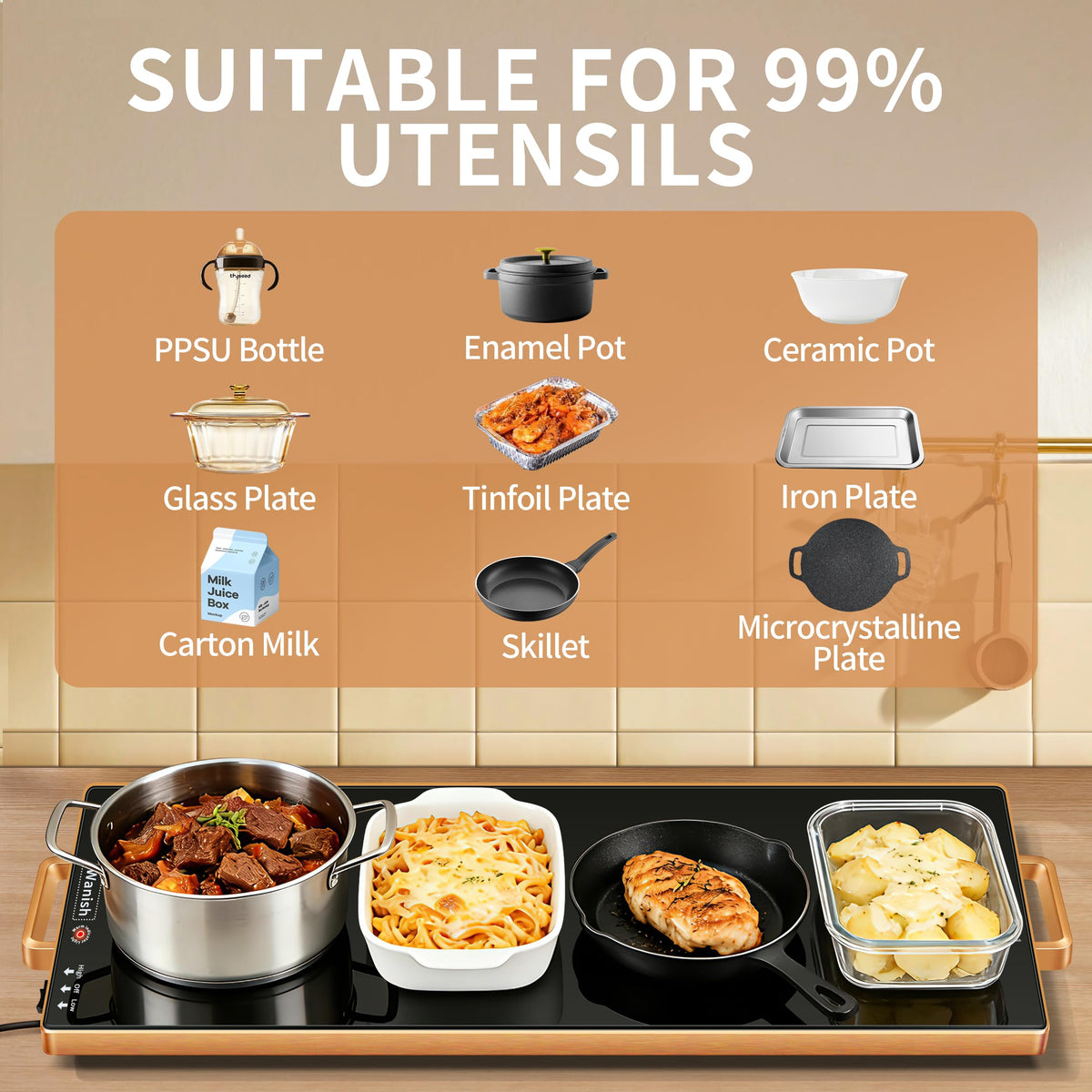 Wanish warming tray with gold-tone handles and edges adds anti-scald safety and style