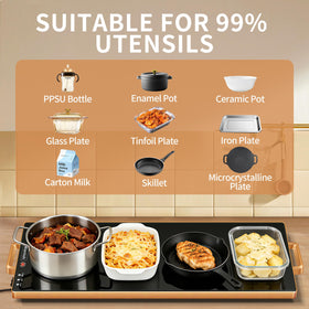 Wanish warming tray with gold-tone handles and edges adds anti-scald safety and style