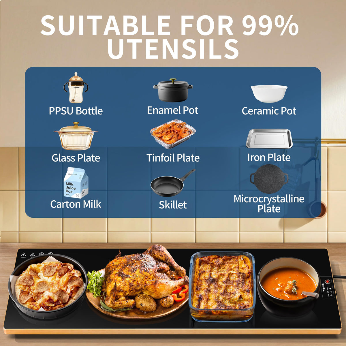 Wanish warming tray golden aluminum edges add an elegant, restaurant-ready touch.