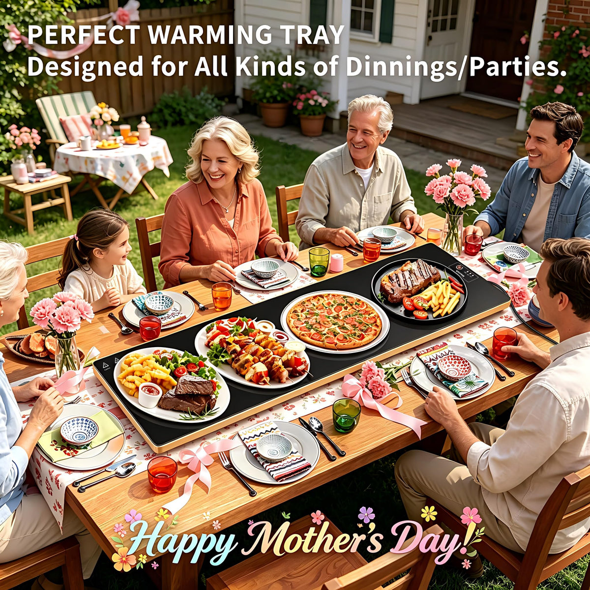 Wanish warming tray with tempered glass top emphasizes modern style and durable surface.