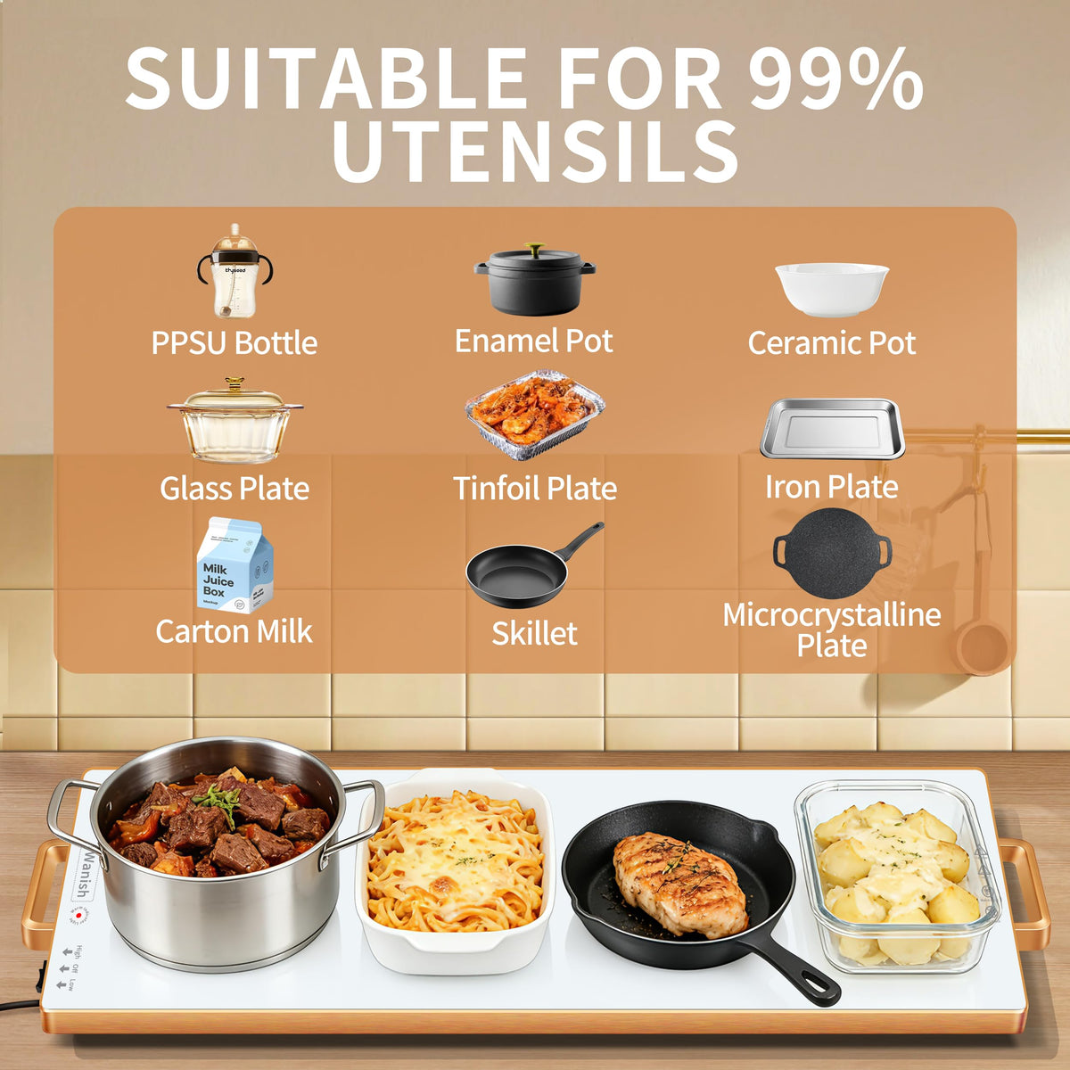 Wanish warming tray supports 3–4 dishes at once for quick party service.