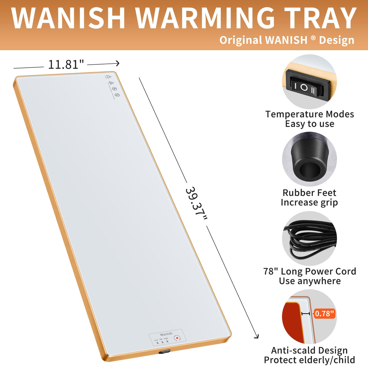Wanish warming tray with tempered glass top and golden edges for elegant service