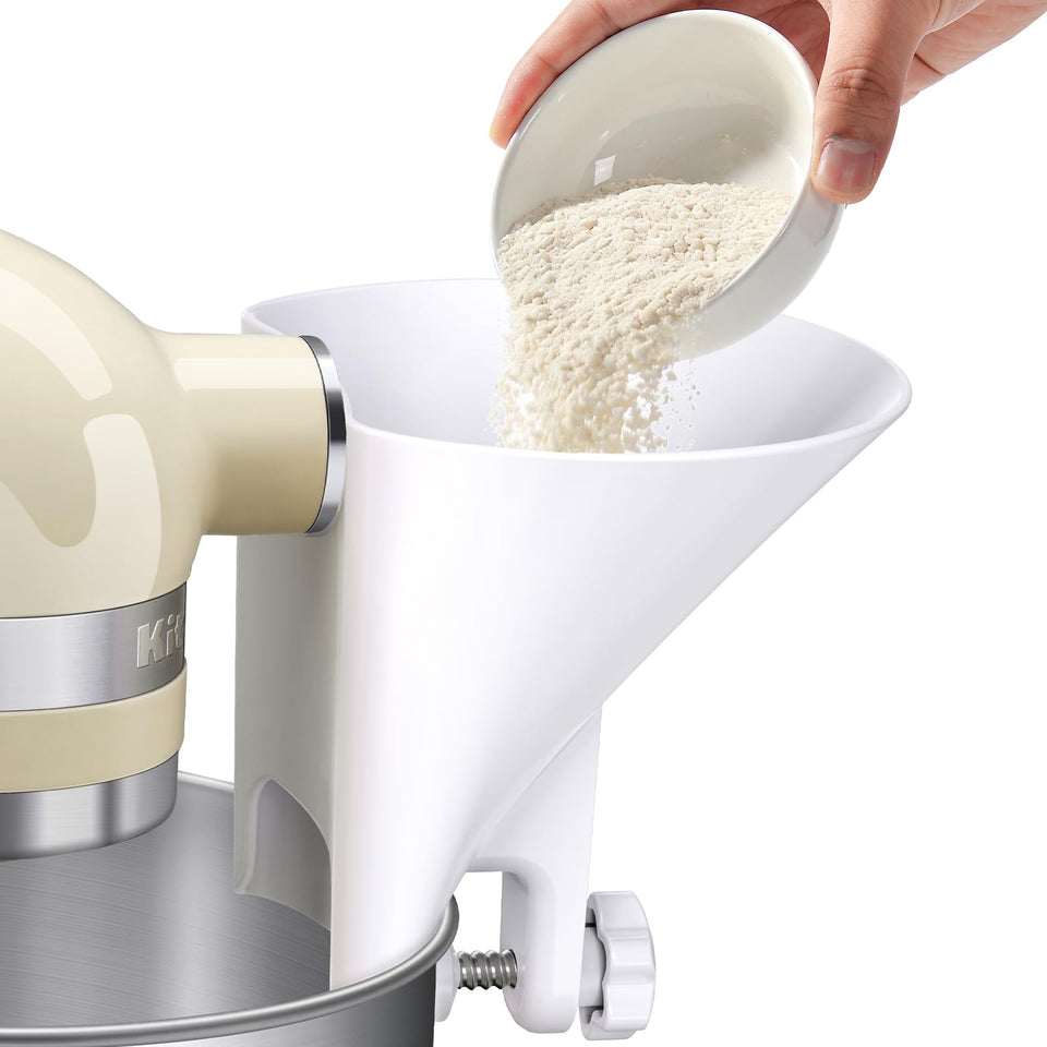 WANLISS flour funnel attached to a KitchenAid mixer showing universal fit and secure connection for mess-free pouring.