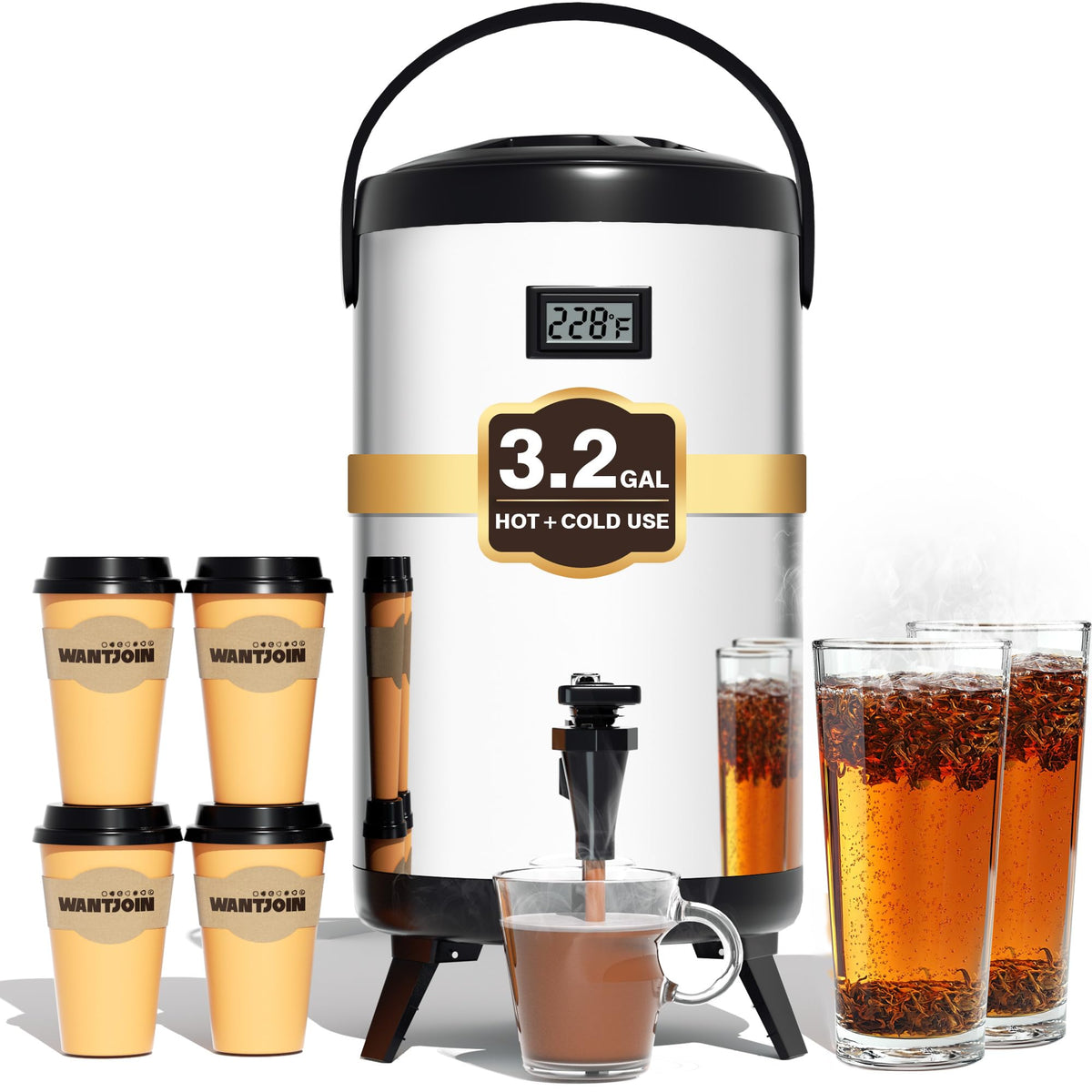 WantJoin beverage dispenser with thermometer showing current temperature for precise serving