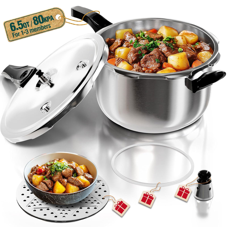 WantJoin pressure cooker front view in polished stainless steel for quick meals