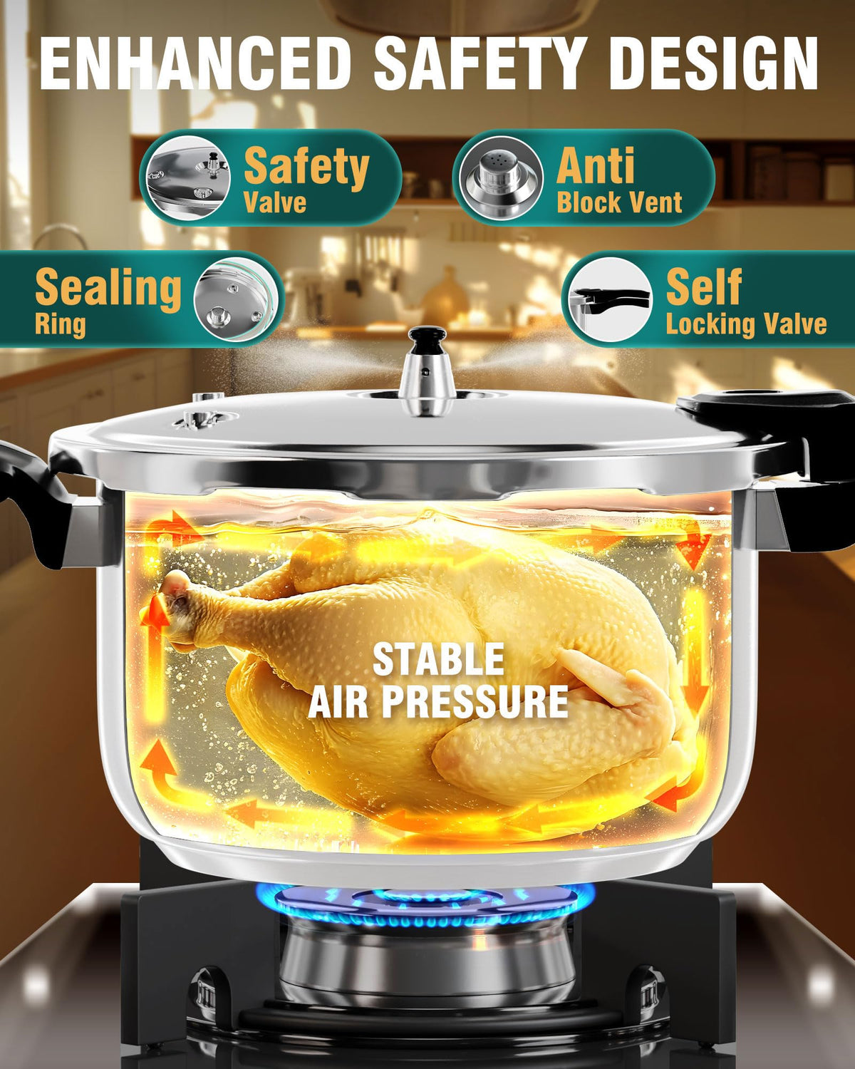 WantJoin pressure cooker interior showing steam release for even cooking