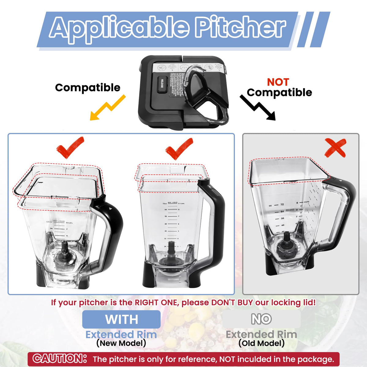 WARDFYT newer square top lid with extended rim for Ninja 72 oz pitchers