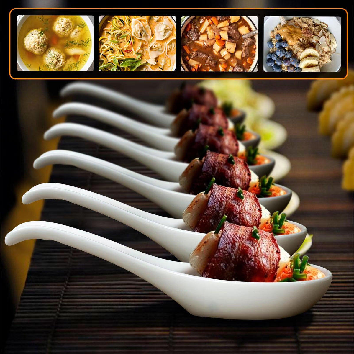 Wareland ramen-pho-dumpling spoons ideal for noodles, wonton, and broth.