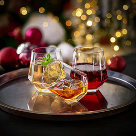 Warmest Spirit hexagon stemless glass shows beveled sides for better aroma breathing.