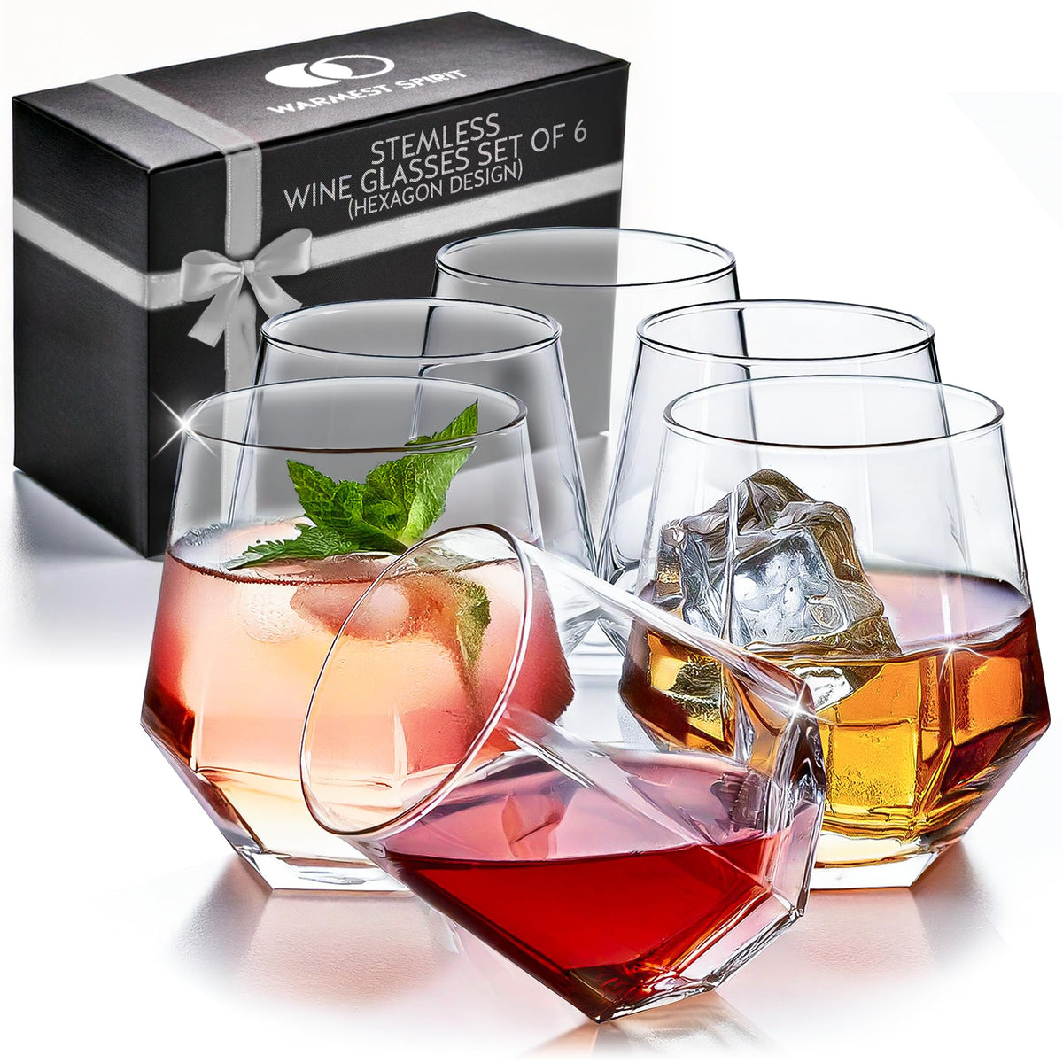 Warmest Spirit hexagon stemless wine glass set front view for comfortable handling.