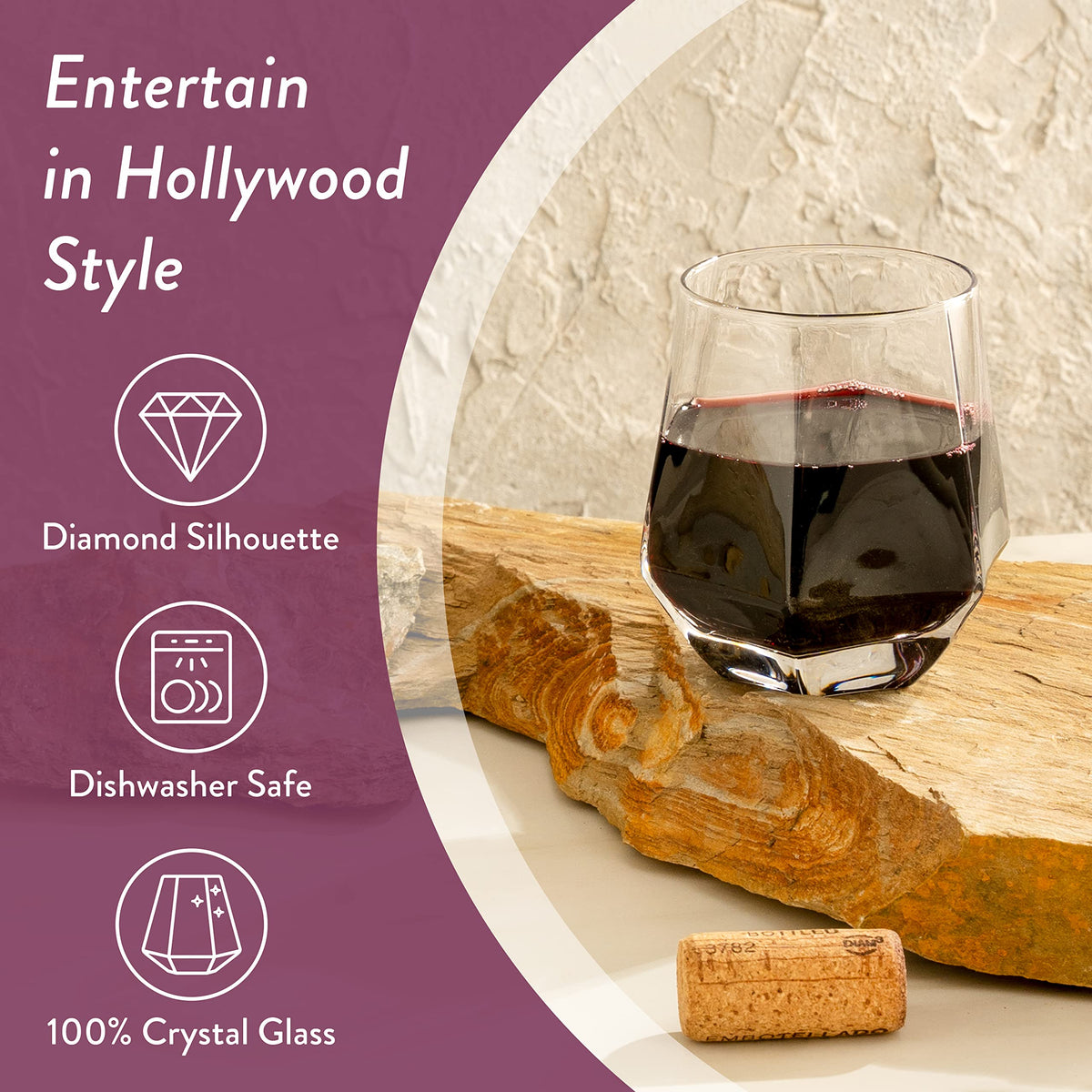 Warmest Spirit hexagon stemless glass held in hand for a balanced, comfortable grip.