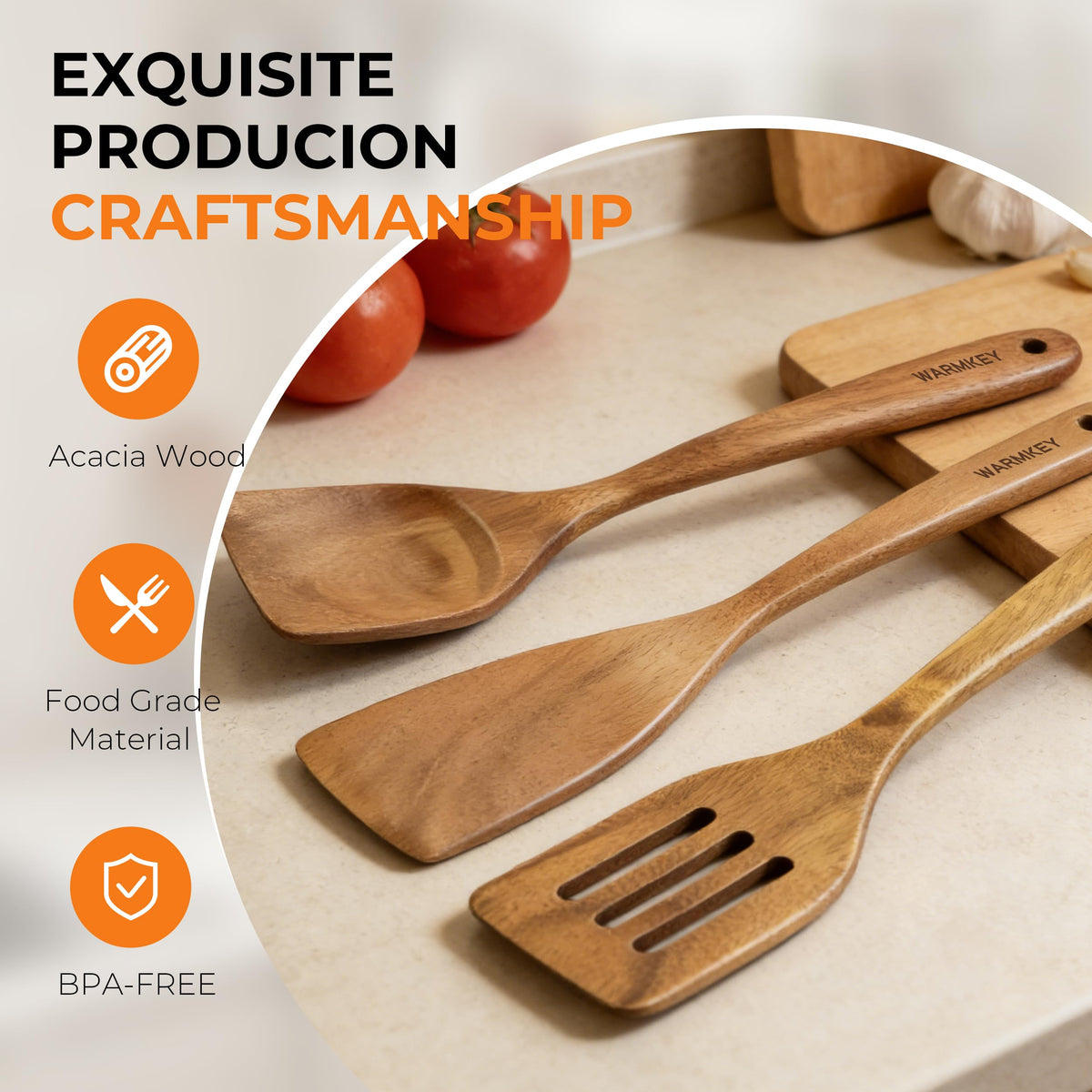 Warmkey acacia spatula set 3 smooth surface resists flavor transfer.