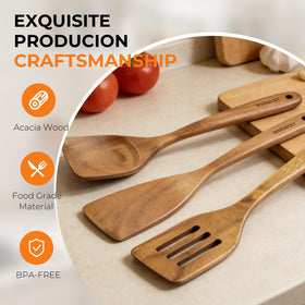 Warmkey acacia spatula set 3 smooth surface resists flavor transfer.