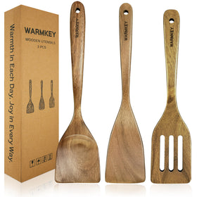 Warmkey acacia spatula set 3 close-up wood grain highlighting natural finish.