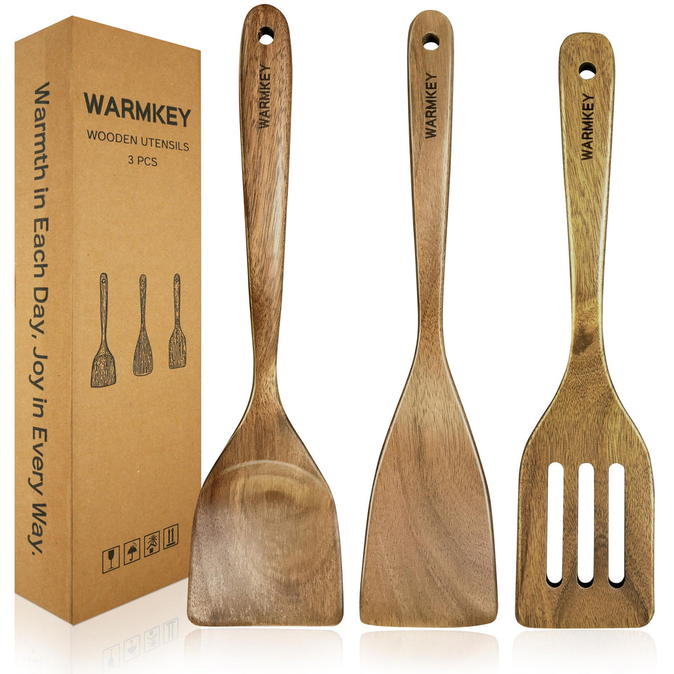 Warmkey acacia spatula set 3 close-up wood grain highlighting natural finish.