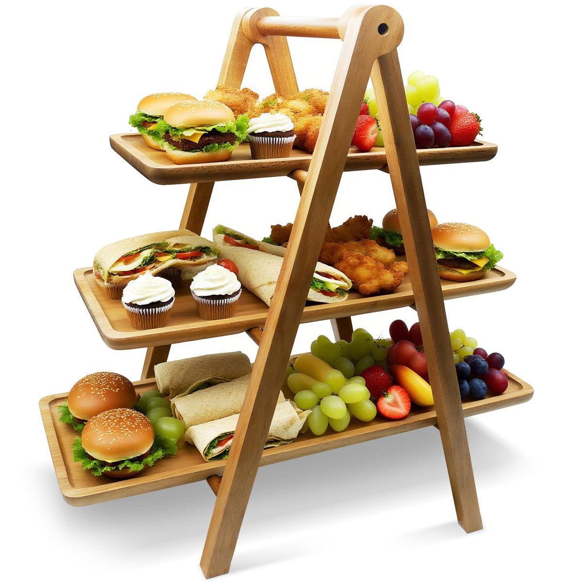 WARMKEY acacia wood 3-tier tray foldable for easy entertaining and display.