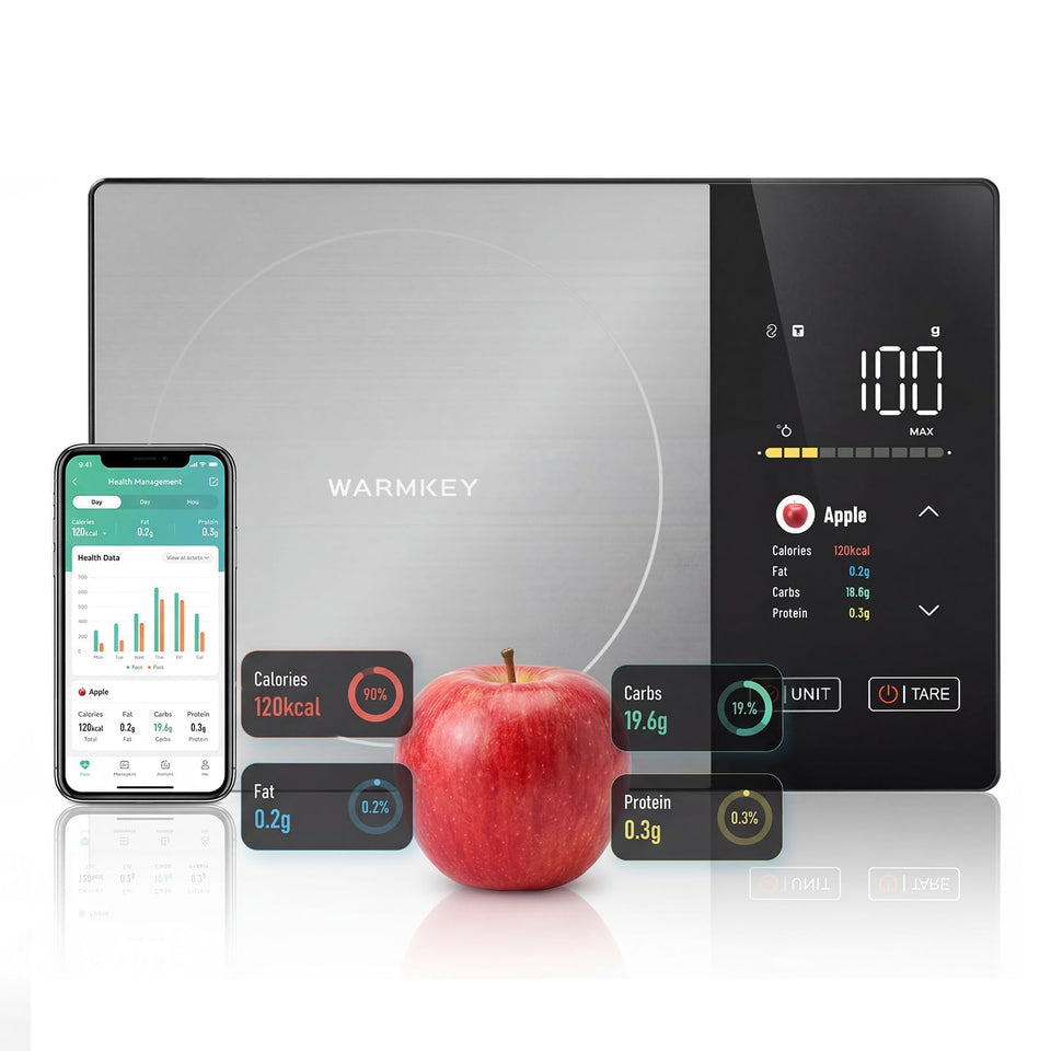 Warmkey TFT dual-display scale on kitchen counter showing weight and nutrition insight.