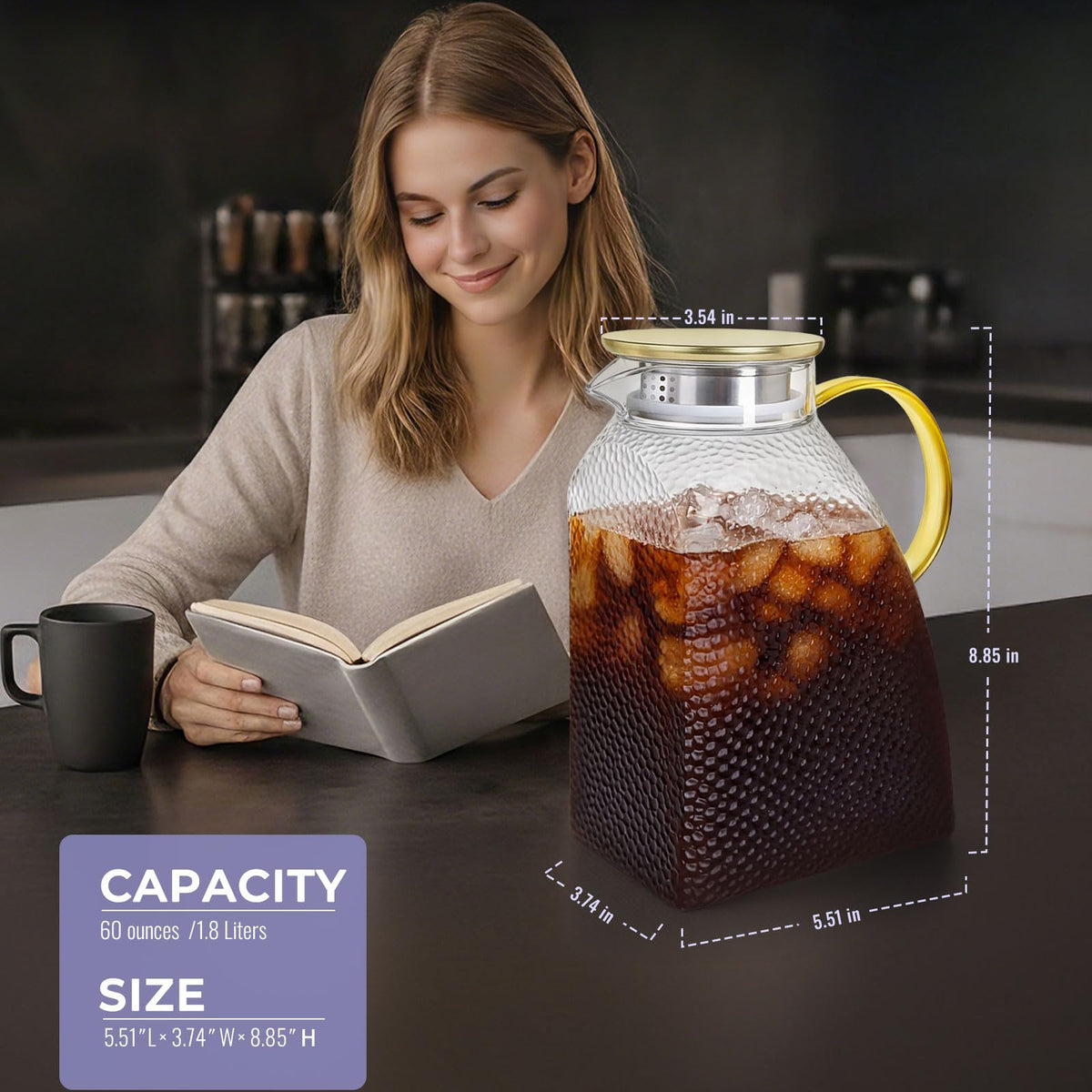 WARMSIMPLE pitcher with golden lid and handle offers elegant pouring and style.
