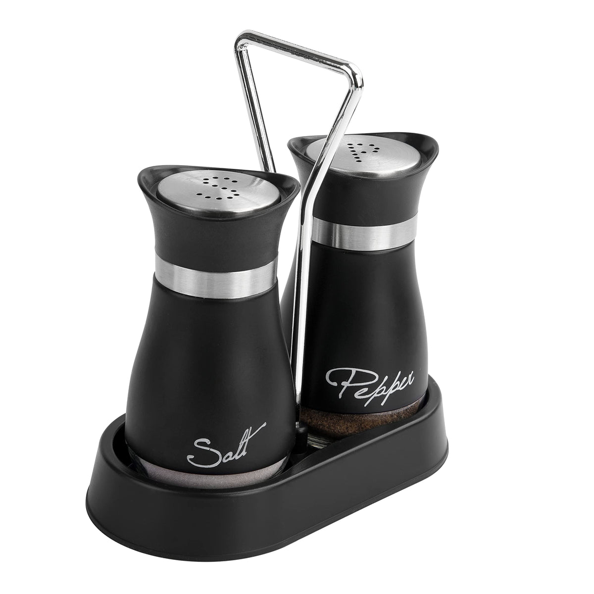 Wartter salt pepper shaker set front view, easy-grip design for everyday seasoning.