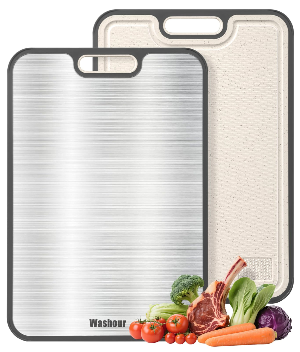 Washour Titanium Cutting Board dual-material side for raw meats and prep.
