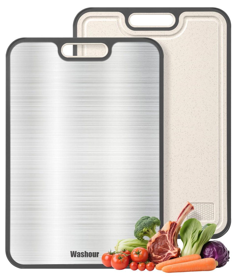 Washour Titanium Cutting Board dual-material side for raw meats and prep.
