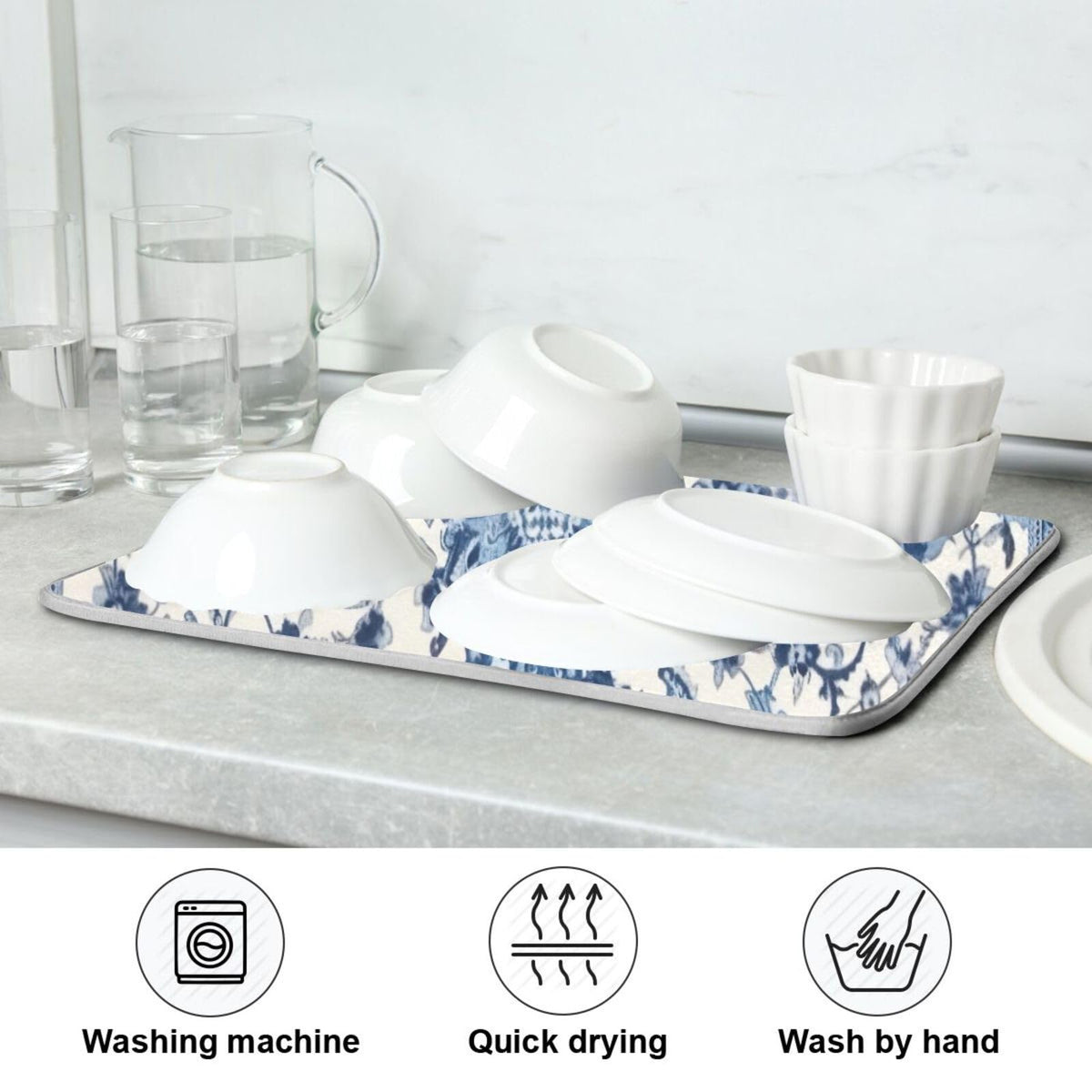 Wassud dish drying mat blue-white pattern provides ample 18x24-inch drying area.